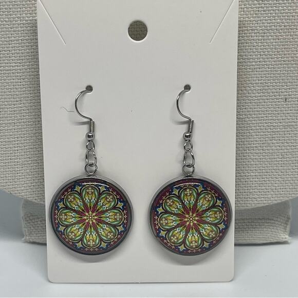 Handmade Green Yellow Orange Mandala Pendant Necklace & Earrings Set NWT OS - Picture 2 of 6